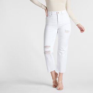 High Waisted White Ripped Straight Ankle Jeans